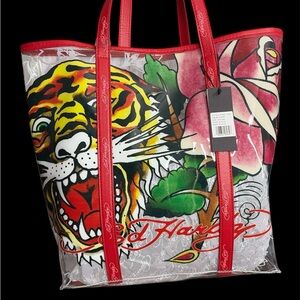Ed Hardy Red and Green Graphic Tote Bag